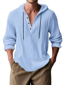 Light blue men's long sleeve hooded linen shirt in a casual loose fit