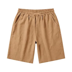 Detail showing the breathable linen texture and drawstring waist of men's khaki shorts