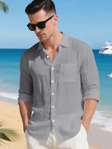 Camicia casual da spiaggia in lino grigio da uomo a maniche lunghe con tasca sul petto e colletto