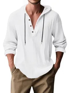 Men's casual white long-sleeved linen hooded shirt with V-neck buttoned placket design