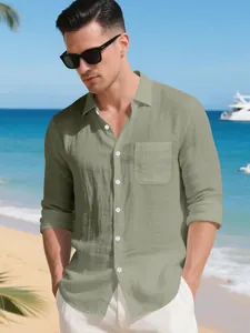 Camicia casual da uomo in lino verde salvia a maniche lunghe, ideale per la spiaggia