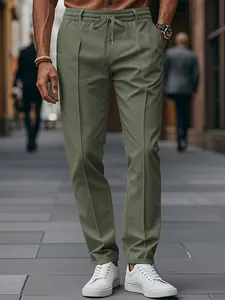 Pantalon de ville pour homme coupe droite slim vert olive avec cordon de serrage