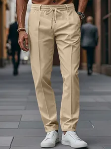 Pantalon de business ajusté pour homme kaki à jambe droite et taille élastiquée