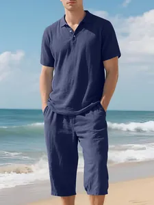 Men's loose navy blue linen Polo shirt and casual beach cropped pants two-piece set