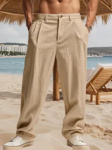 Pantaloni casual da uomo in lino traspirante con gamba dritta per vacanze al mare