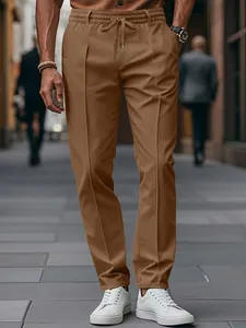 Pantalon de ville marron pour hommes, coupe ajustée, jambe droite et taille élastique