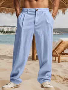 Pantaloni casual da uomo in lino azzurro traspirante con un design classico a gamba dritta