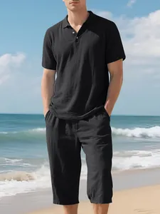 Men's casual linen two-piece set with black Polo shirt and cropped beach pants