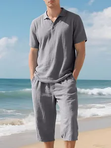 Men's breathable linen casual set with polo shirt and 3/4 beach pants in gray