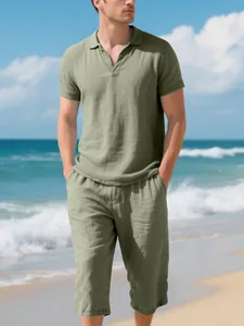 Casual men's linen polo shirt and cropped beach pants set in sage green for summer