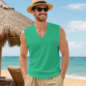Men's athletic quick-dry V-neck muscle tank top in vibrant green for summer beach sports