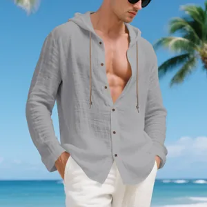 Men's casual grey linen hooded shirt with long sleeves and front buttons for beach vacations