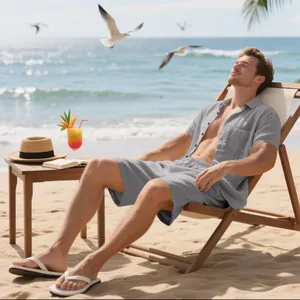 Herren Leinen-Set in Grau mit Kurzarmhemd und Shorts in einer tropischen Strandszene