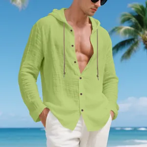 Men's casual linen hooded shirt in lime green with long sleeves and buttons