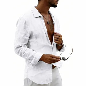 Close-up view of white men's linen shirt with breathable fabric and buttoned lapel