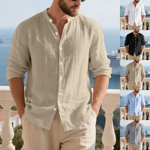 Chemise Henley décontractée à manches longues en lin pour hommes en plusieurs couleurs