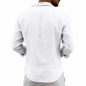 Detailed back view of men's loose breathable white linen long sleeve shirt for summer