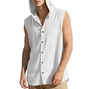 Detail showing the white linen texture and button-up hooded design of men's sleeveless shirt
