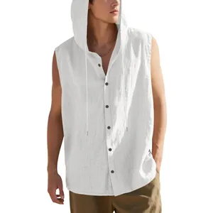 Detail of white linen sleeveless hooded shirt showing button closure and texture