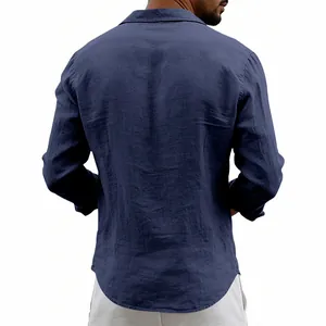 Detailed back view of a men's loose breathable navy blue linen long sleeve shirt