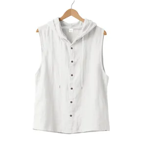 Men's sleeveless hooded linen shirt in white, breathable summer casual top with buttons.