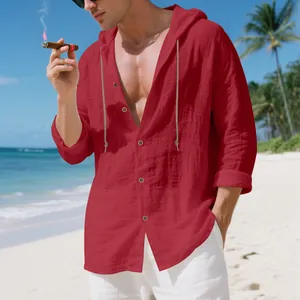 Close-up of red linen hooded shirt for men with drawstring detail