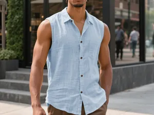 Close-up of light blue sleeveless linen shirt showing breathable fabric texture and buttons