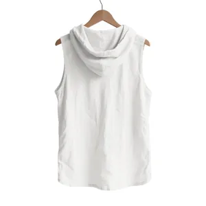 Back view of men's white linen sleeveless hoodie showing breathable fabric texture