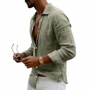 Side view detail of a men's sage green linen long-sleeve shirt with button-down lapel