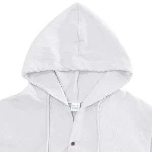 Men's casual white linen sleeveless hooded shirt with button detail and adjustable drawstring