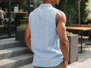 Back view of a men's light blue sleeveless linen shirt with lapel collar for summer