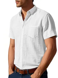 Camicia da Uomo in Misto Lino Casual a Maniche Corte Traspirante Tinta Unita Revers Bottoni Top con Tasca sul Petto per Spiaggia