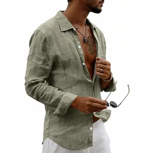 Macro view of olive green linen shirt for men featuring breathable fabric and buttons.