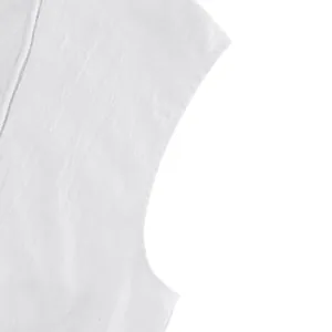 Close-up detail of armhole and shoulder on white sleeveless hooded linen shirt