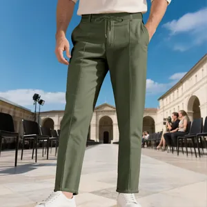 Pantalones casuales de negocios para hombre verde oliva, corte recto con cordón ajustable
