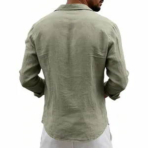 Back view of a breathable sage green linen long-sleeve shirt for men in summer