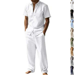 Conjunto de lino para hombre de verano con camisa de manga corta y pantalón varios colores