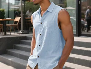 Detail view of light blue sleeveless linen shirt with button-down collar and chest pocket