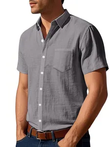 Camicia casual da uomo in lino grigio a maniche corte con taschino sul petto e fresca