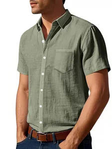 Camicia da uomo in lino verde salvia a maniche corte con colletto e taschino sul petto