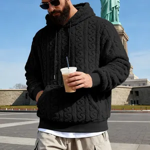 Sweat à capuche élégant en polaire teddy jacquard noir pour homme dans un parc urbain