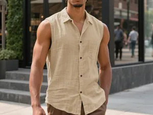 Close-up of a men's casual sleeveless linen shirt featuring a lapel and chest pocket