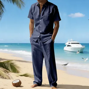 Conjunto de verano de lino azul marino para hombre con camisa corta y pantalón largo