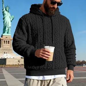Sweat à capuche en polaire teddy noir pour homme avec motif torsadé texturé en extérieur
