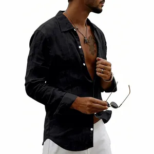 Men's black linen shirt featuring a breathable loose fit and button-down collar