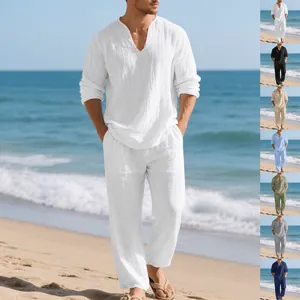 Set in Lino e Cotone Casual da Uomo Scollo a V Manica Lunga Top And Bottom Abbigliamento da Spiaggia per Vacanze Rilassate Completo a Due Pezzi Largo e Traspirante