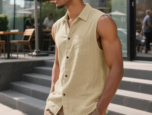 Detailed view of men's sleeveless linen shirt with lapel collar and pocket.