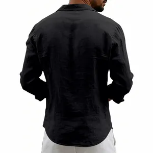 Rear view of a men's black linen long sleeve shirt with a loose and breathable design.