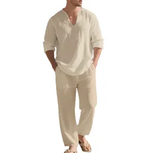 Completo casual da uomo in lino con maglia a maniche lunghe con scollo a V e pantaloni