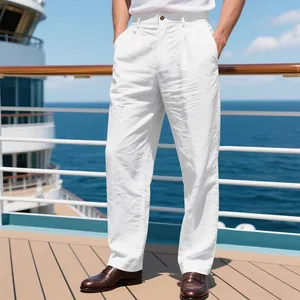 Men's white linen straight-leg trousers for casual cruise wear with soft texture